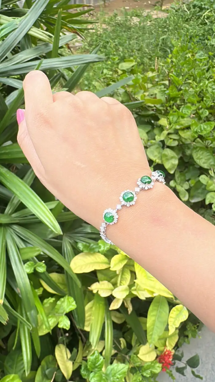 7.70 Ct. Burmese Jadeite & Diamond Bracelet - 18k White Gold Handmade Women Bracelet
