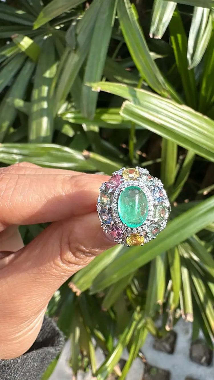 18k White Gold Handmade Diamond Ring - Natural Multi Sapphire, Colombian Emerald Dome Ring