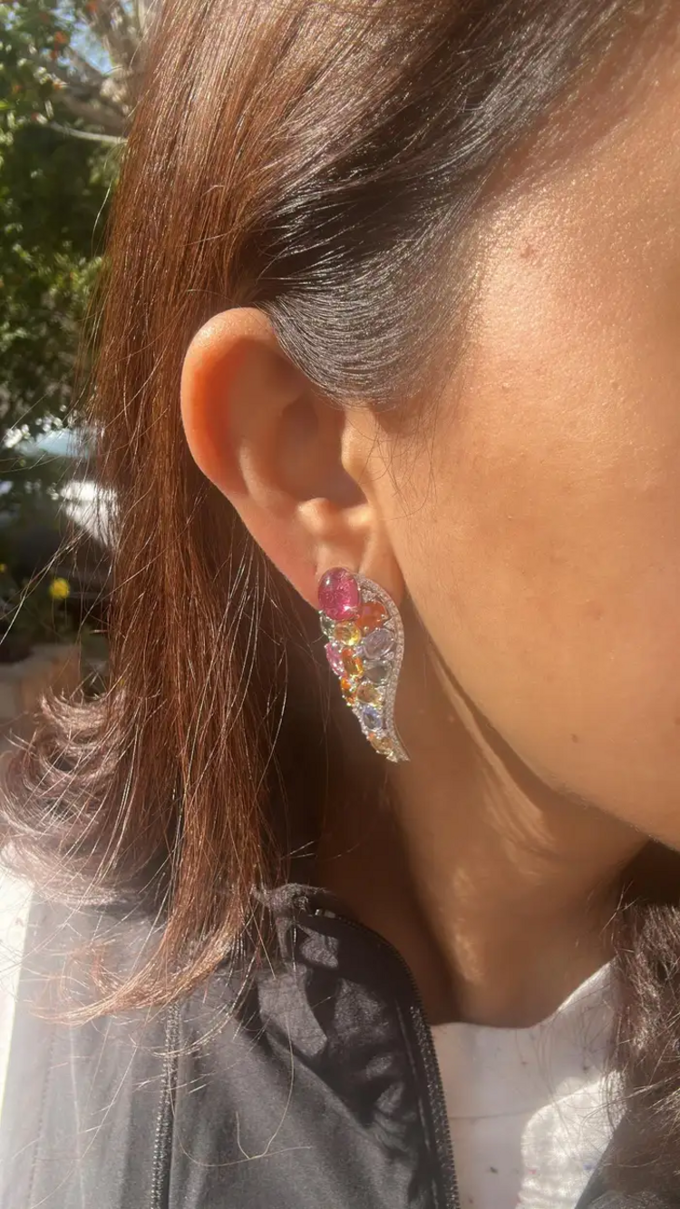Natural Multi Sapphire & Tourmaline Gemstone Earrings - 18k White Gold Diamond Earrings