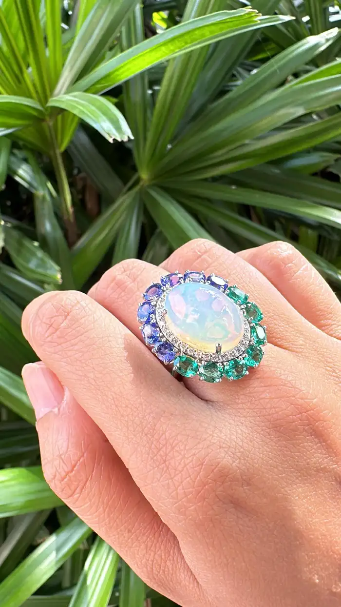 Gold Diamond Ring | 18k White Gold Zambian Emerald Ring | Tanzanite & Ethiopian Opal Cocktail Ring | Handmade Gold Diamond Ring