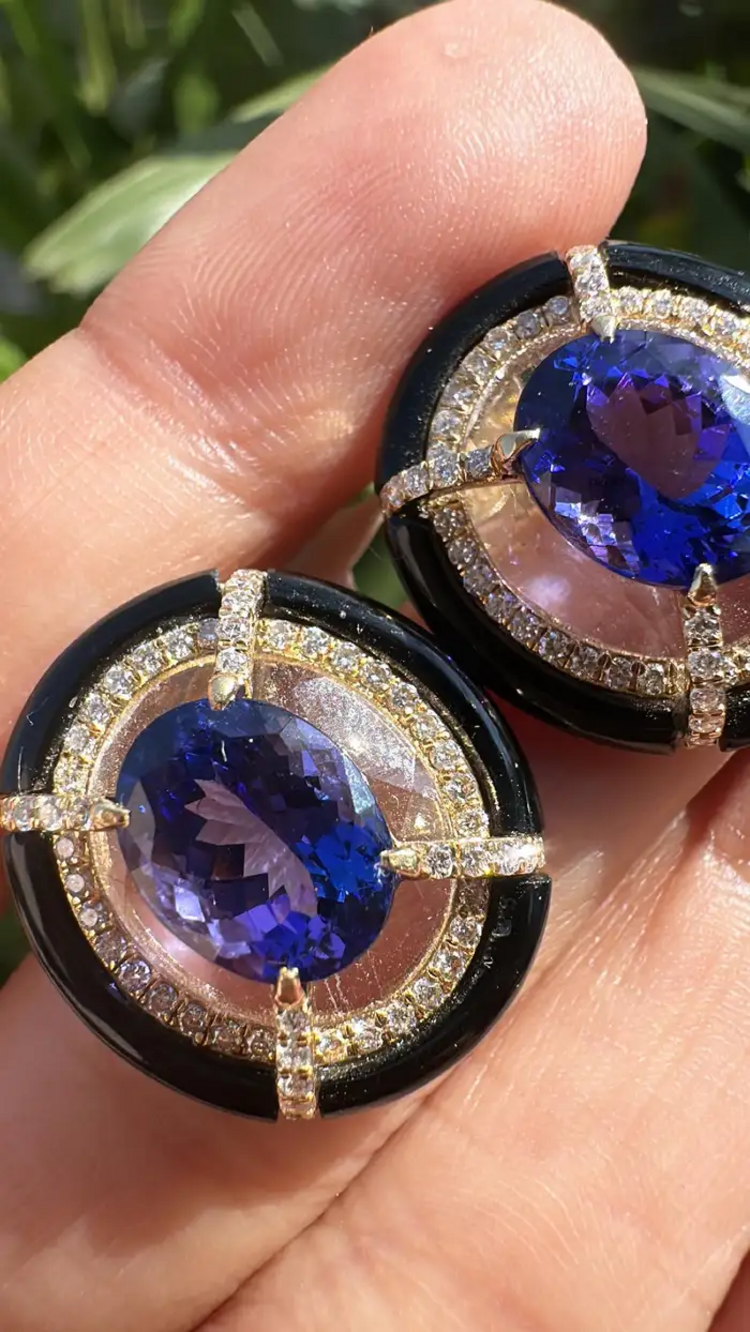 18k Gold Diamond & Tanzanite Gemstone Stud Earrings - Rock crystal & Black Onyx Earrings