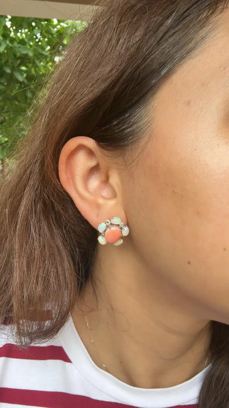 18k White Gold Rose Cut Diamond Stud Earrings - Natural Ethiopian Opal & Coral Earrings