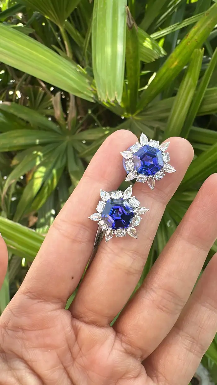 9.83 Ct. Natural Tanzanite Gemstone Minimalist Stud Earrings - 18k White Gold Rose Cut Diamonds Star Earrings - December Birthstone Earrings