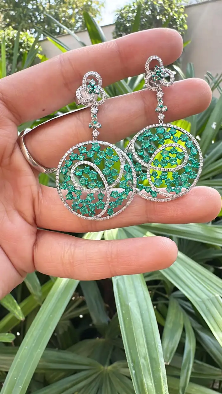 Natural Colombian Emerald Dangle Earrings - 18k White Gold Diamond Chandelier Earrings