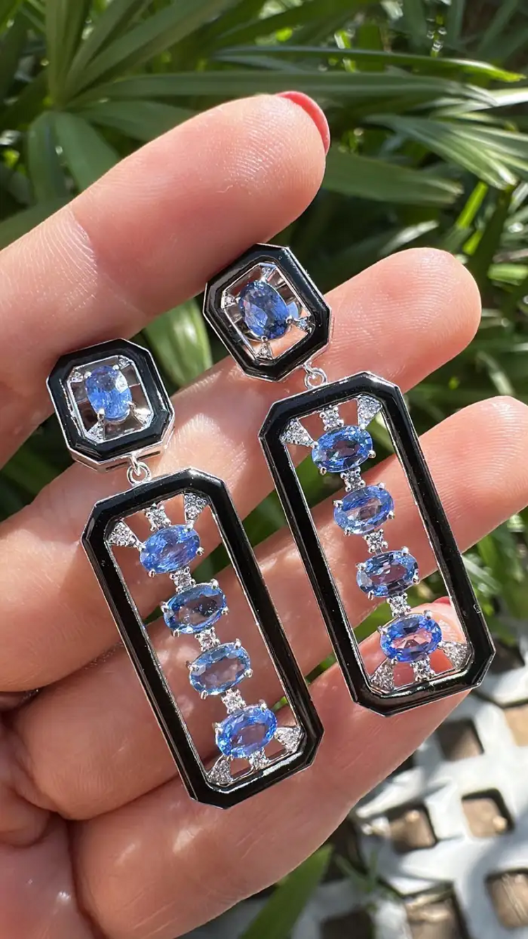 5.59 Ct. Oval Cut Ceylon Blue Sapphire 18k White Gold Earrings - Natural Diamond & Black Onyx Dangle Earrings