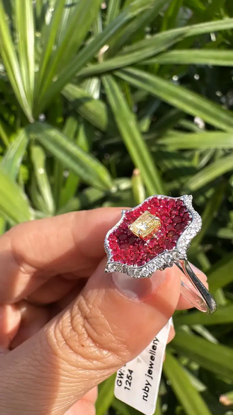 Natural Ruby & Yellow Diamond Ring - 18k White Gold Diamond Stackable Wedding Ring