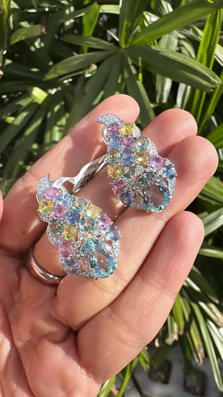 18k White Gold Diamond Chandelier Earrings - Natural Aquamarine & Multi Sapphire Earrings