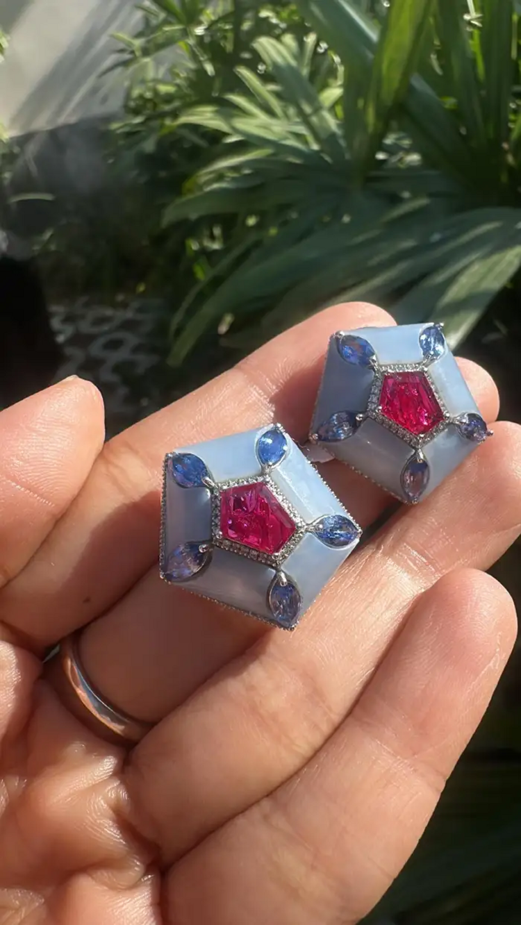 Natural Mozambique Ruby & Blue Opal Stud Earrings - 18k White Gold, Blue Sapphire & Diamond Earrings