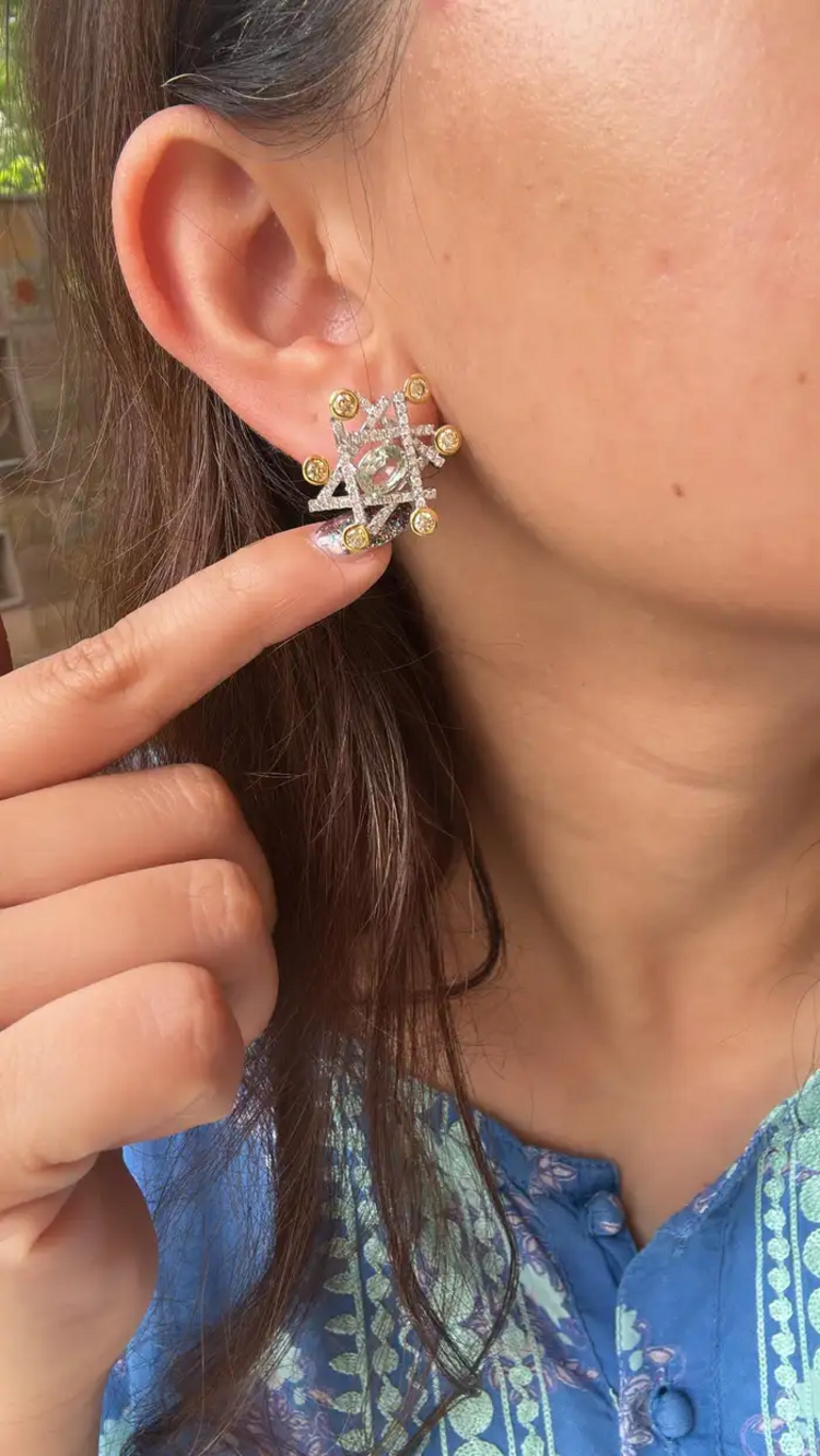 18k White Gold Handmade Stud Earrings With Yellow Diamonds - Natural Blue & Green Sapphire Stud Earrings