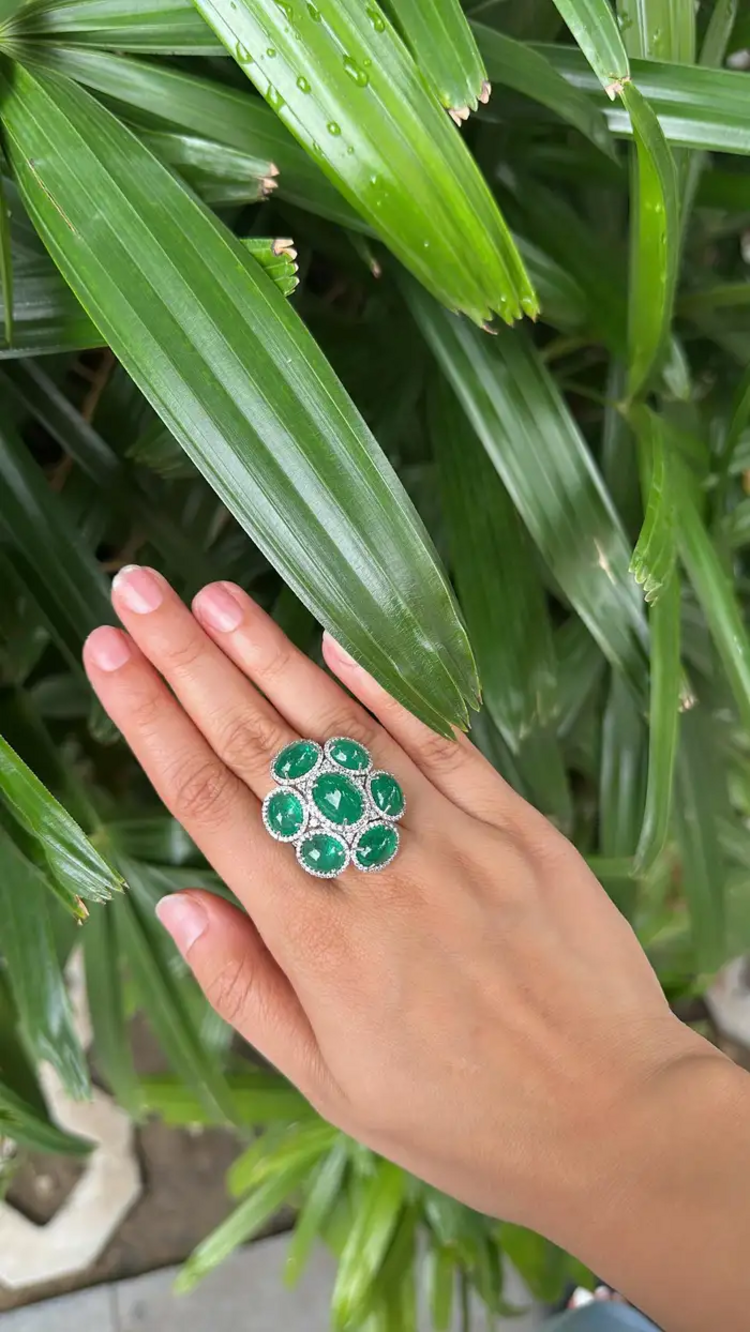 18k White Gold Diamond Statement Ring - Natural Cabochon Emerald Gemstone Ring
