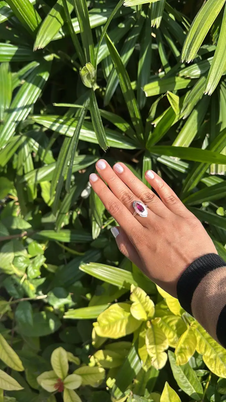Natural Rubellite & Pink Opal Wedding Ring - 18k White Gold Handmade Diamond Ring