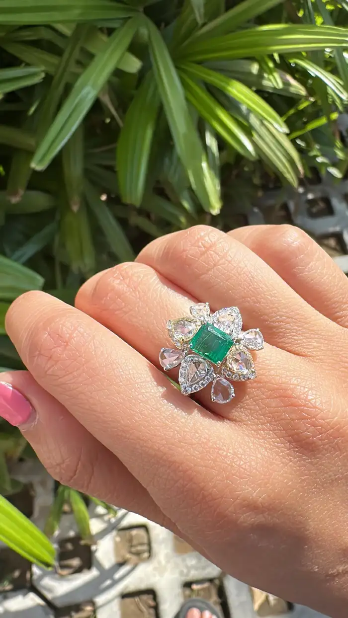 Natural Rose Cut Diamond Cocktail Ring - 18k White Gold Zambian Emerald Wedding Ring
