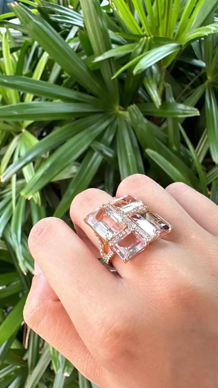 Natural Morganite Gemstone Cocktail Ring - 18k Rose Gold Diamond Ring
