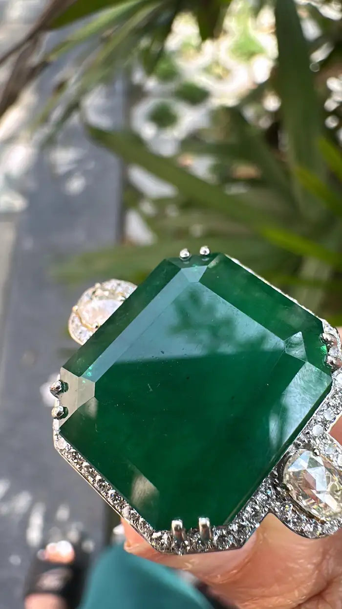 Natural 24.51 Ct. Zambian Emerald Engagement Ring - 18k White Gold Rose Cut Diamond Statement Ring