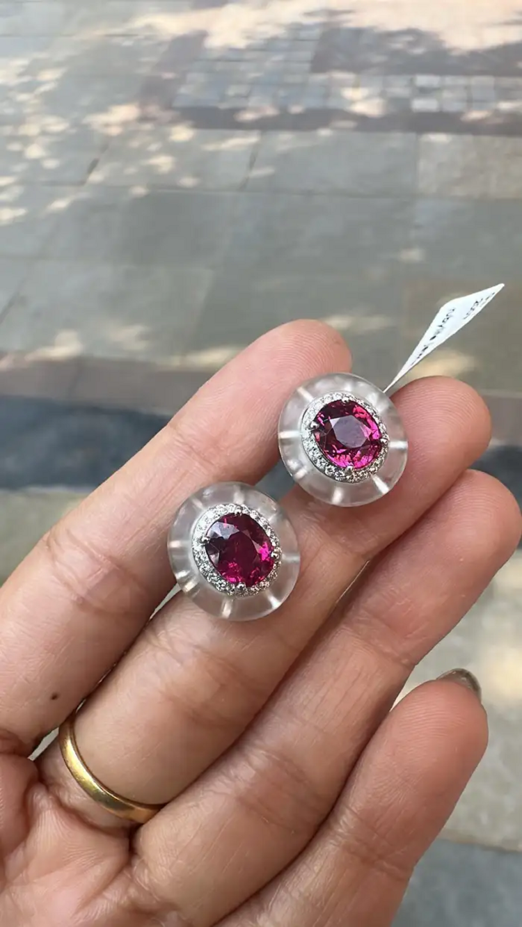 18k White Gold Diamond Stud Earrings - Natural Rubellite & Rock Crystal Earrings