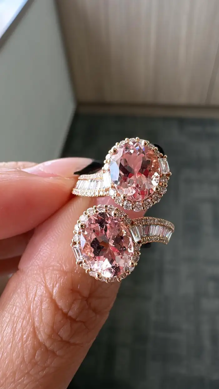 Natural Morganite & Tapered Diamond Wrap Ring - Handmade 18k Rose Gold Toi et Moi Ring