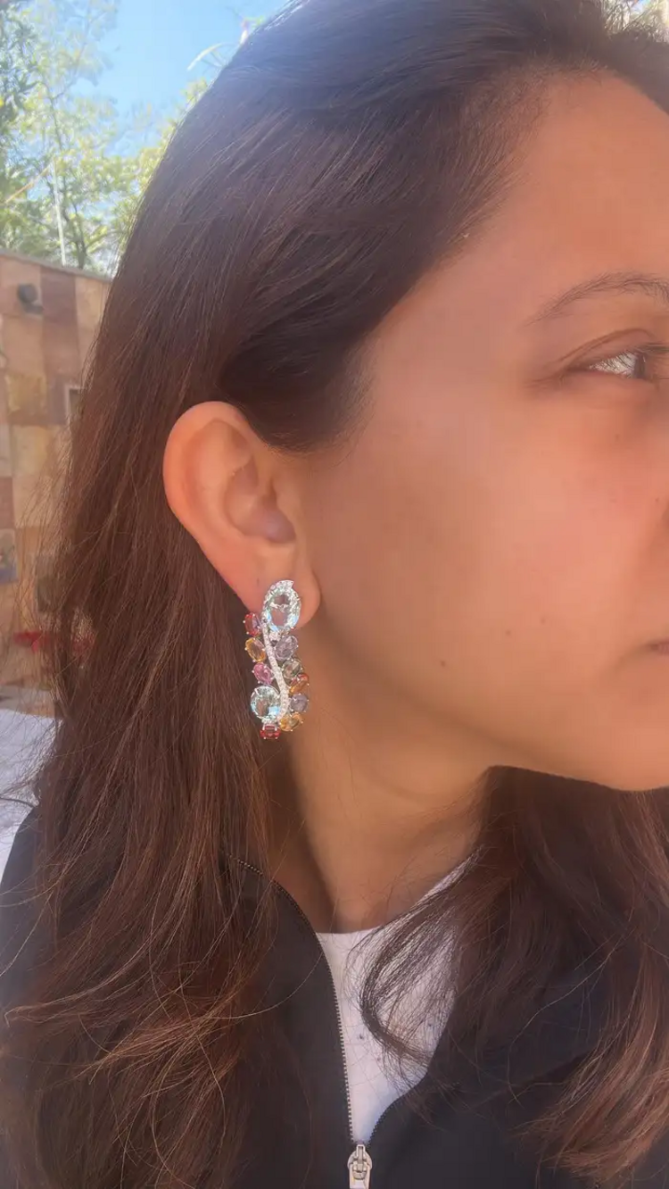 18k White Gold Multi Sapphire Chandelier Earring - Natural Aquamarine & Diamond Earrings