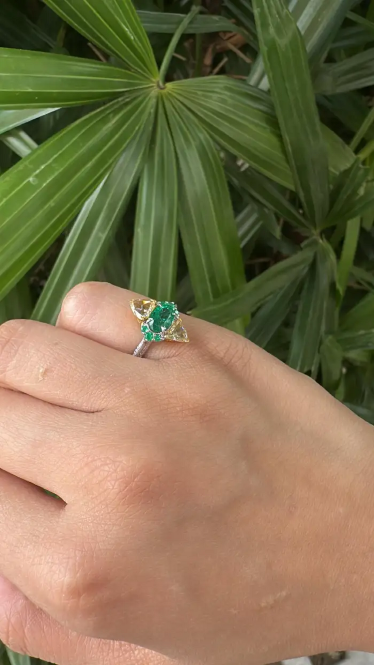 Natural Zambian Emerald Engagement Ring - 18k White Gold & Yellow Diamond Ring