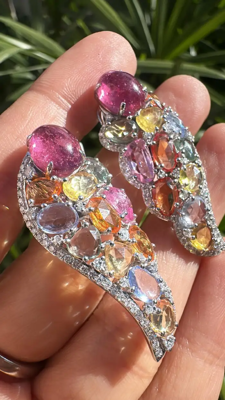Natural Multi Sapphire & Tourmaline Gemstone Earrings - 18k White Gold Diamond Earrings