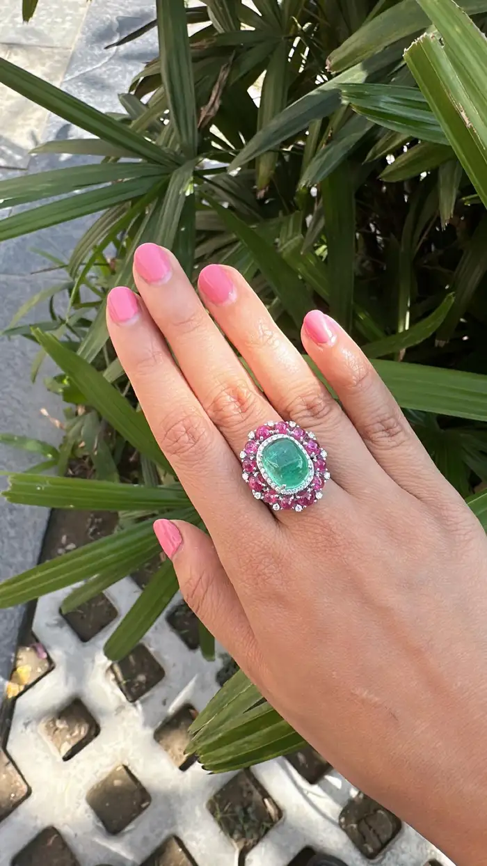 18k White Gold Diamond Cocktail Ring - Natural Colombian Emerald & Ruby Statement Ring