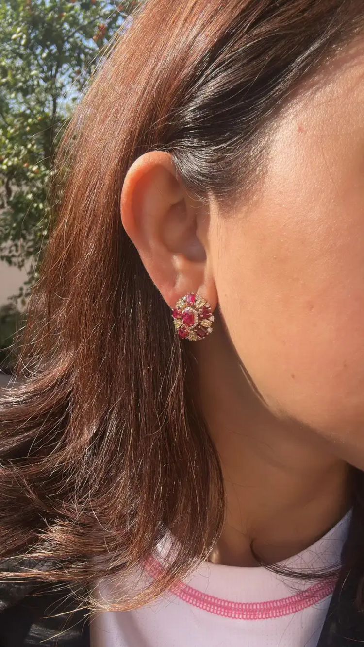 Mozambique Ruby & Yellow Diamond Stud Earrings - 18k Yellow Gold Diamond Stud Earrings