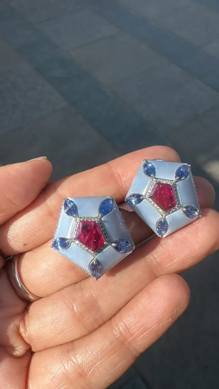 Natural Mozambique Ruby & Blue Opal Stud Earrings - 18k White Gold, Blue Sapphire & Diamond Earrings