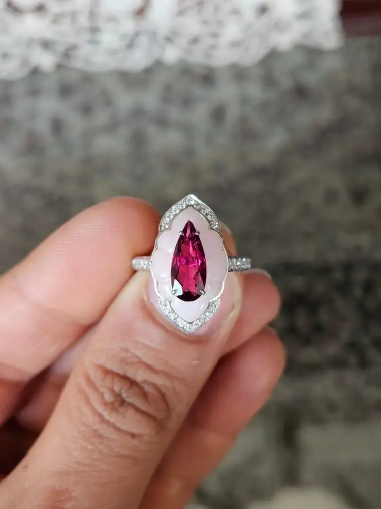 Natural Rubellite & Pink Opal Wedding Ring - 18k White Gold Handmade Diamond Ring
