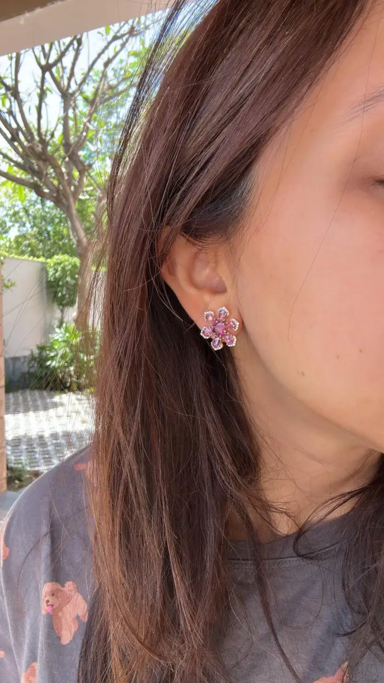 Natural Ceylon Pink Sapphires & Tourmaline Gemstone Floral Stud Earrings - 18k Rose Gold Diamond Earrings