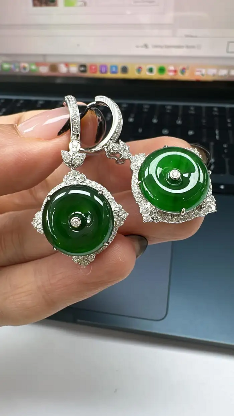 18k White Gold HKJSL Certified, Fei Cui Jade & Diamonds Dangle Earrings