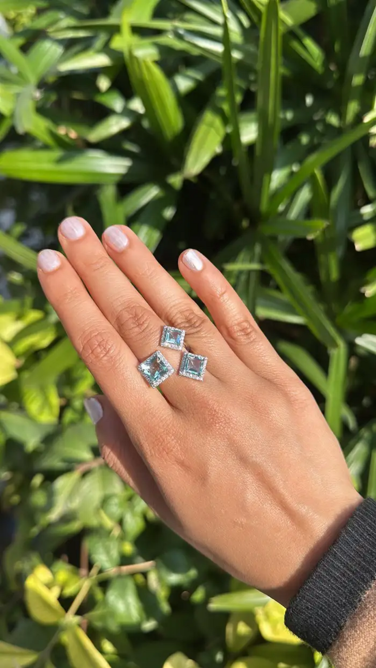 3.80 Ct. Aquamarine Gemstone Three Stone Cocktail Ring - 18k White Gold Diamond Ring