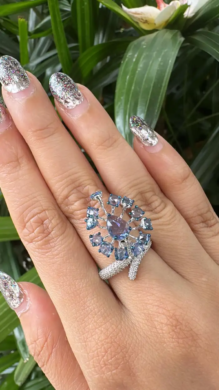 Natural Blue Sapphire & Diamond Cocktail Ring - 18k White Gold Handmade Ring