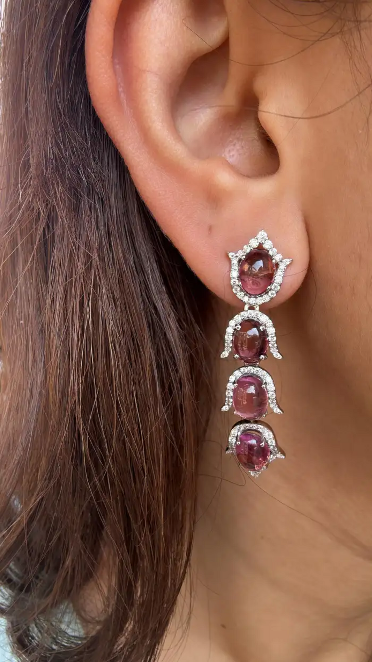 Natural Rubellite Gemstone Dangle Earrings - 18k White Gold Diamond Earrings