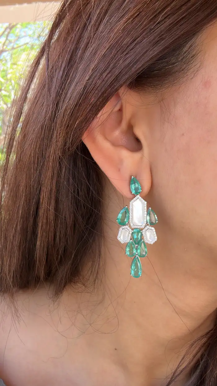 Natural Colombian Emerald & Pearl Chandelier Earrings - 18k White Gold Diamond Dangle Earrings