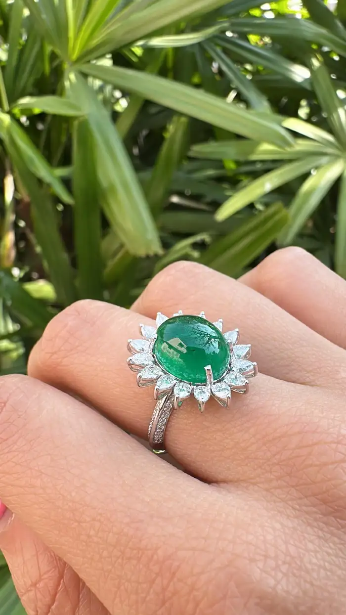 18k White Gold Handmade Diamond Ring - Natural Zambian Emerald Cocktail Ring