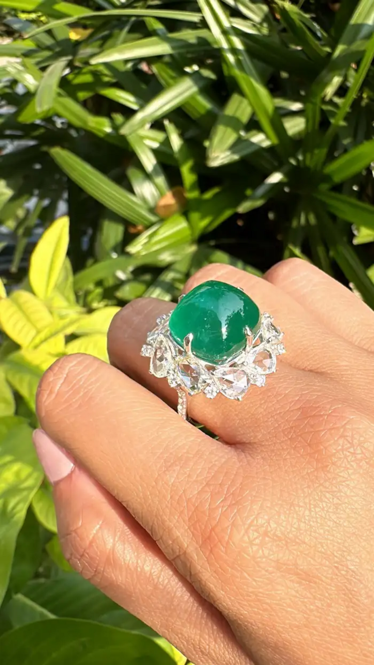 17.79 carats, natural Zambian Emerald Sugarloaf & Rose Cut Diamond Cocktail Ring