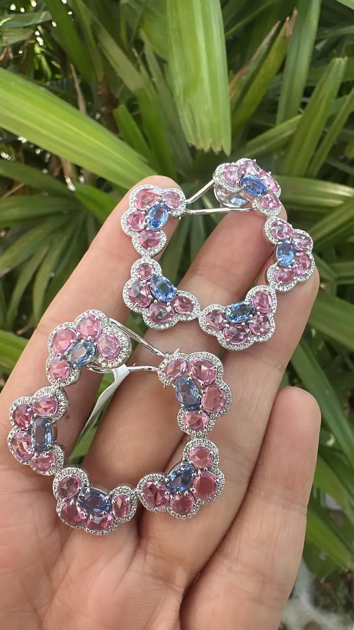 Natural Ceylon Blue & Pink Sapphire Gemstone Hoop Earrings - 18k White Gold Diamond Women Earrings
