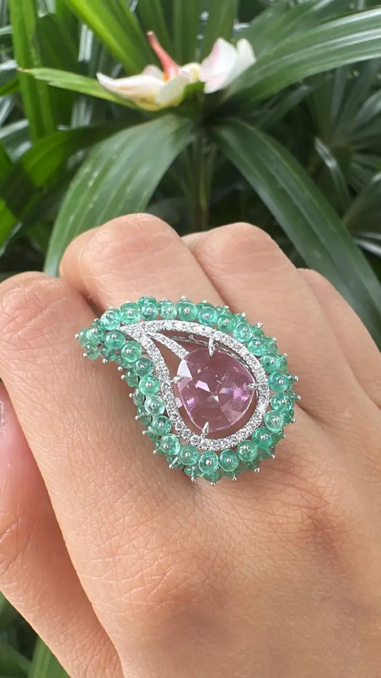 Natural Emerald & Pink Sapphire Statement Ring - 18k White Gold Diamond Handmade Ring