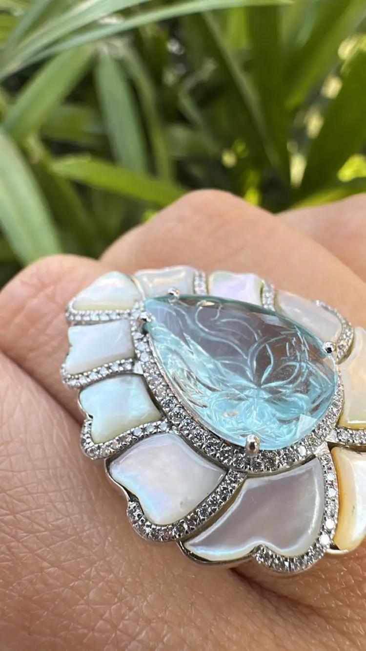 18k White Gold Diamond Statement Ring - Carved Aquamarine & Pearl Cocktail Ring