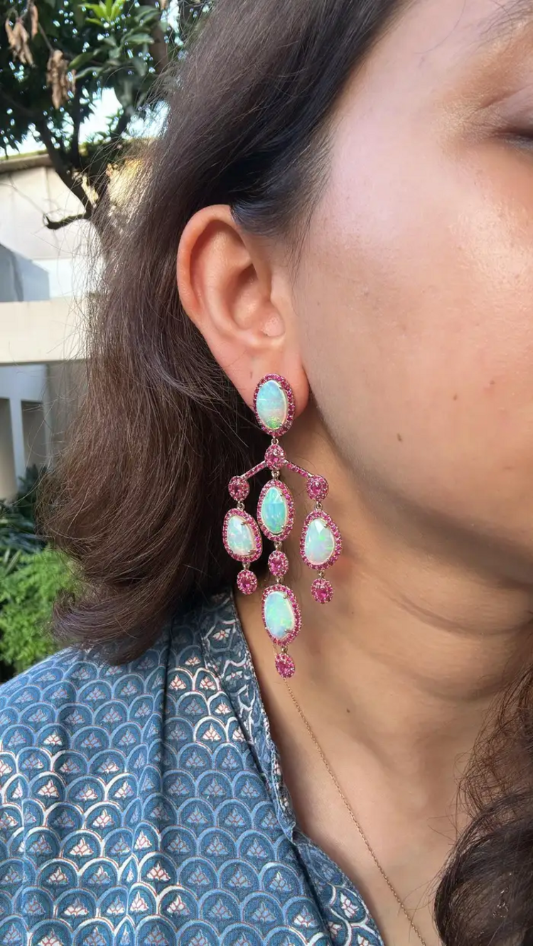 Ethiopian Opal & Mozambique Ruby Chandelier Earrings - 18k Gold Diamond Dangle Earrings