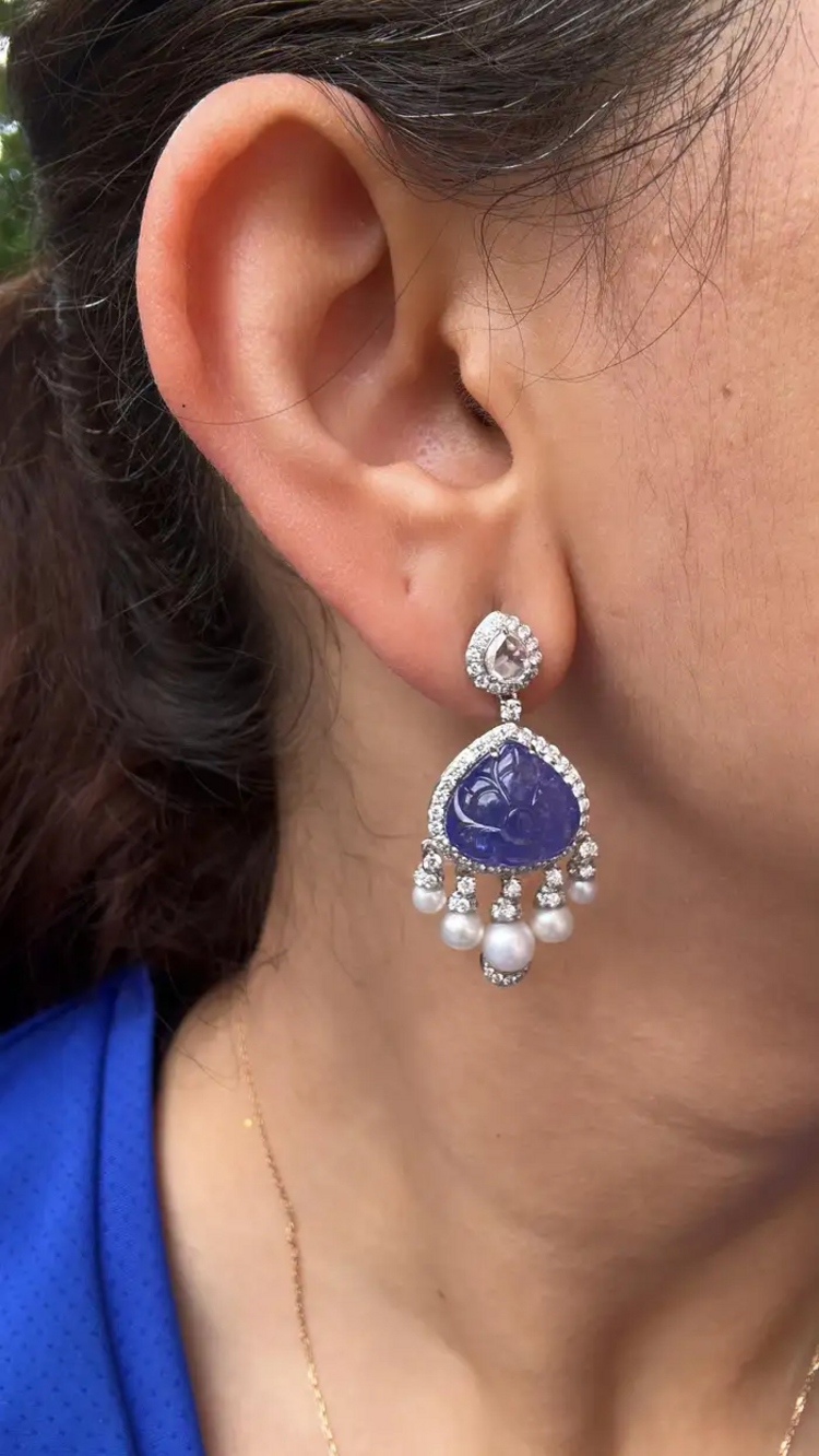 18k White Gold Diamond Dangle Earrings - Natural Tanzanite & Freshwater Pearl Earrings