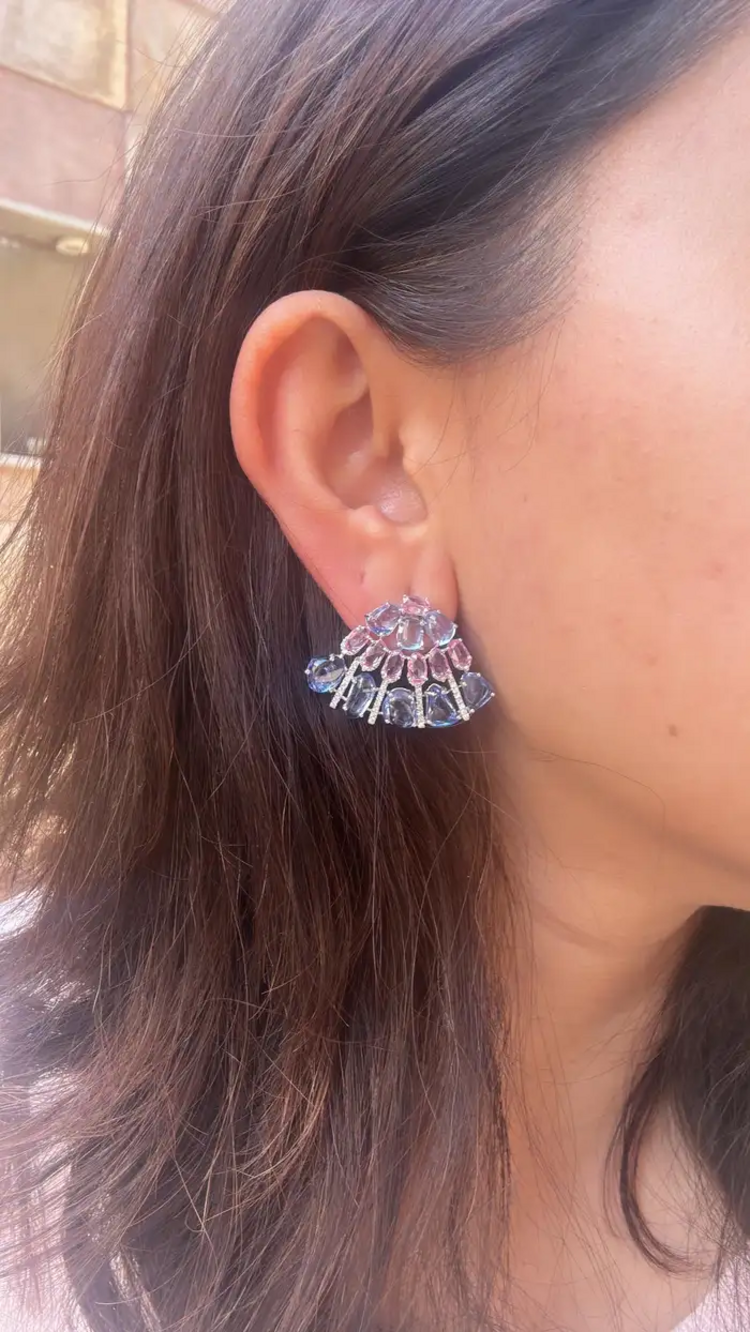18k White Gold Diamond Stud Earrings - Natural Blue & Pink Sapphire Women Jewelry