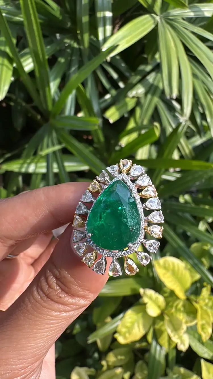 18k Two Tone Gold Ring - Natural Pear Shape Zambian Emerald & Diamond Ring