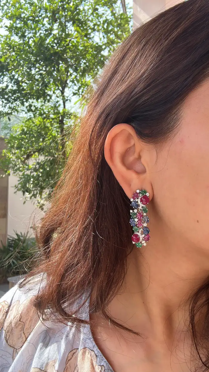 18k White Gold Diamond Dangle Earrings - Natural Mozambique Ruby, Zambian Emerald & Carved Blue Sapphire Earrings