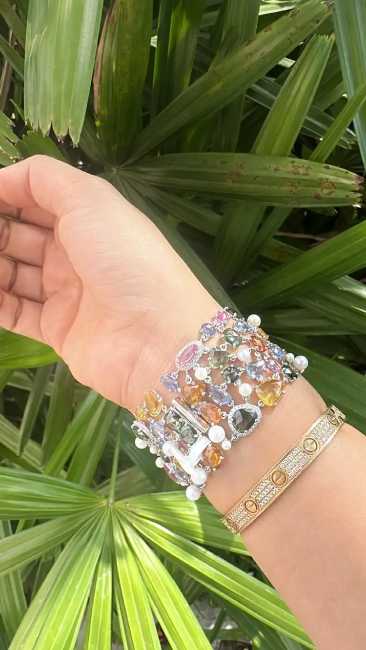 Natural Multi Sapphire & Pearls Link Bracelet - 18k White Gold Diamond Bracelet