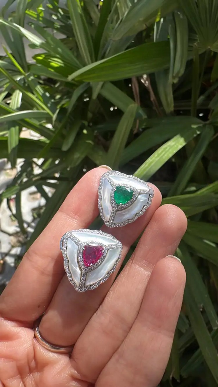 18k White Gold Handmade Diamond Stud Earrings - Natural Zambian Emerald, Mozambique Ruby & Pearl Stud Earrings