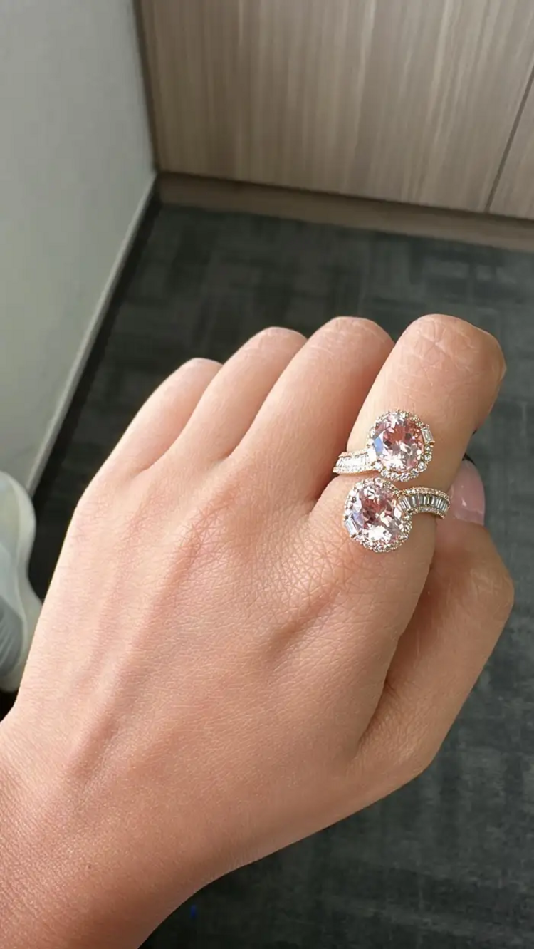 Natural Morganite & Tapered Diamond Wrap Ring - Handmade 18k Rose Gold Toi et Moi Ring