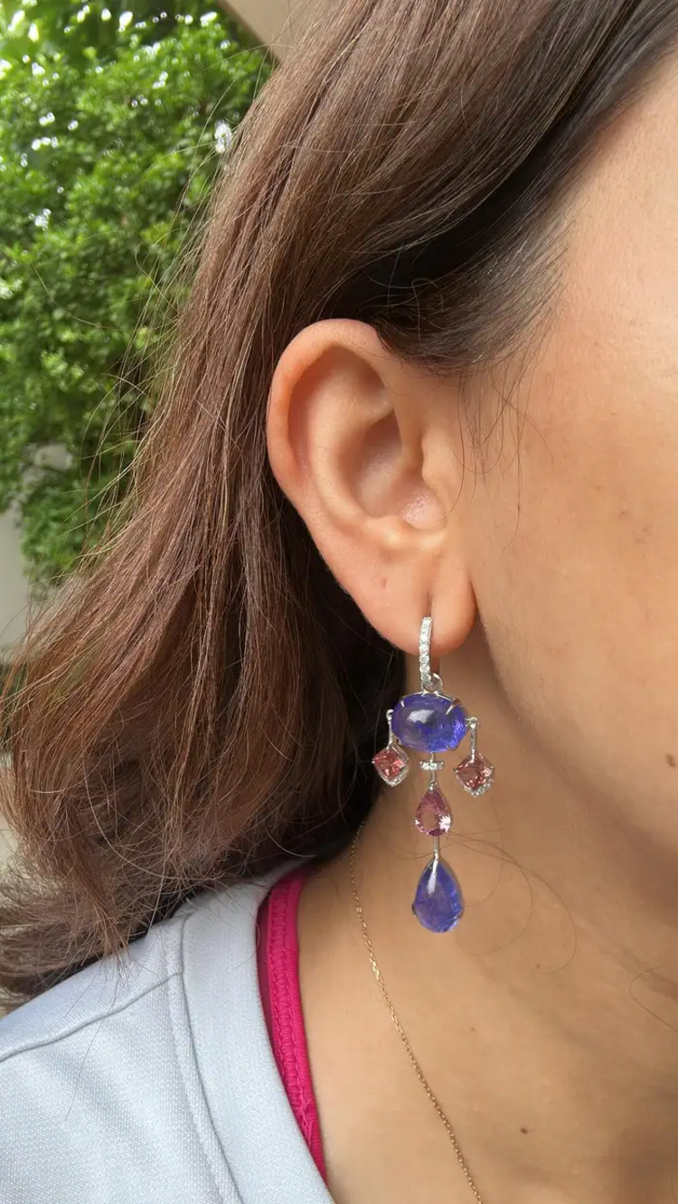 18k White Gold Diamond Earrings - Natural Tanzanite & Tourmaline Gemstone Dangle Earrings