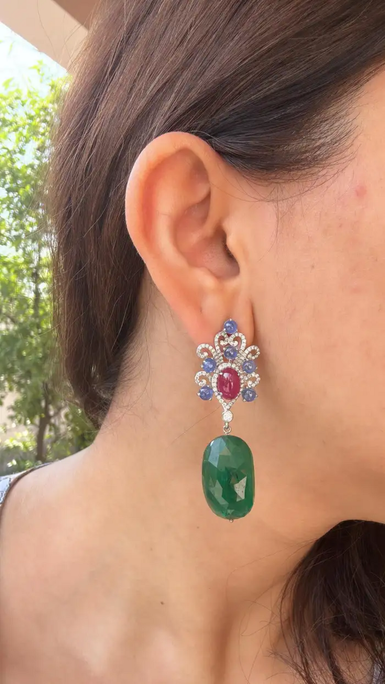18k White Gold Diamond Dangle Earrings - Natural Blue Sapphire, Mozambique Ruby & Zambian Emerald Tumble Earrings