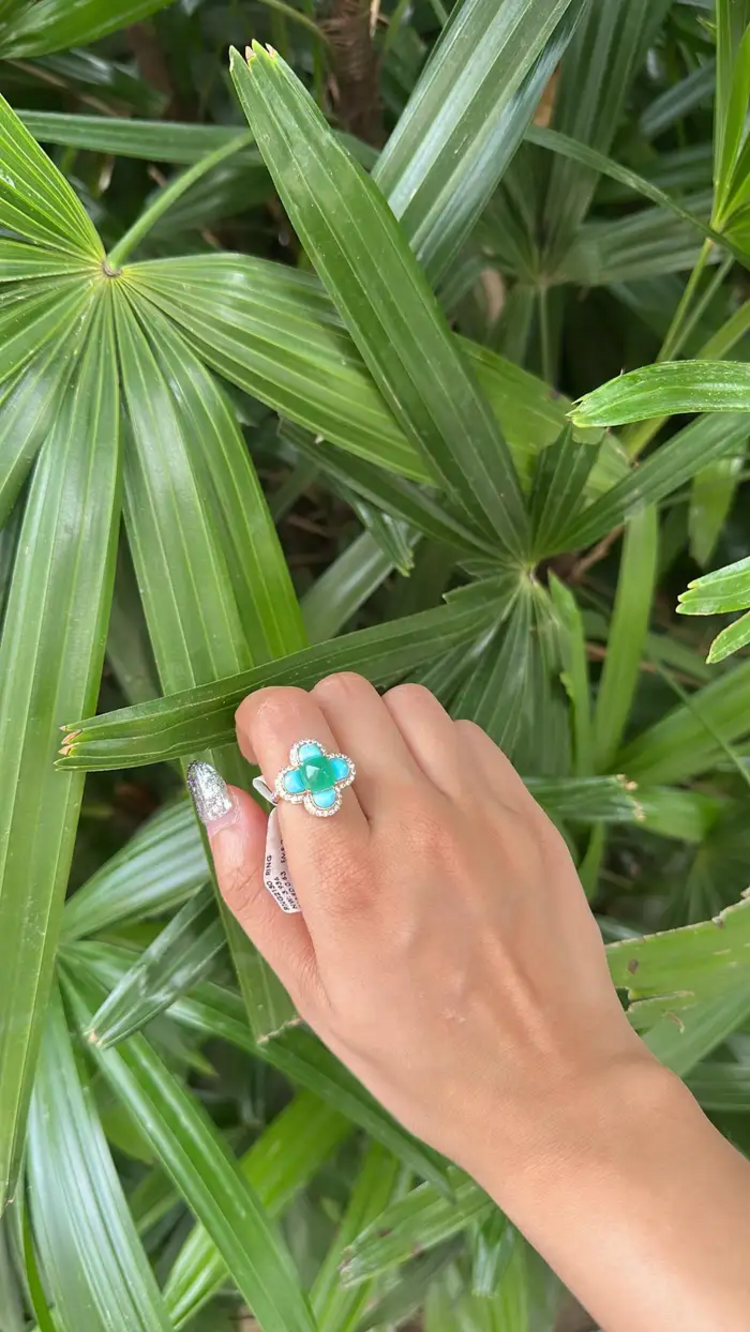 18k Rose Gold Diamond Handmade Ring With Natural Zambian Emerald & Turquoise
