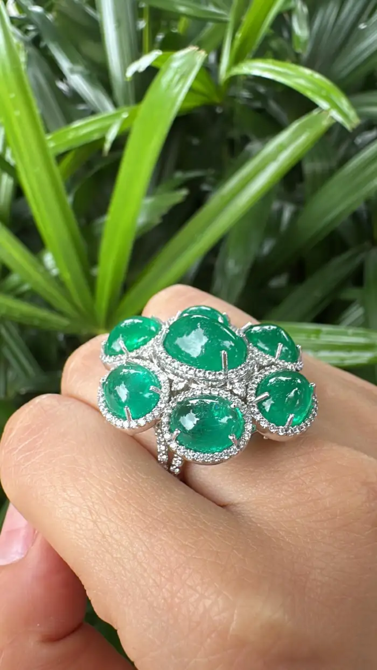 18k White Gold Diamond Statement Ring - Natural Cabochon Emerald Gemstone Ring
